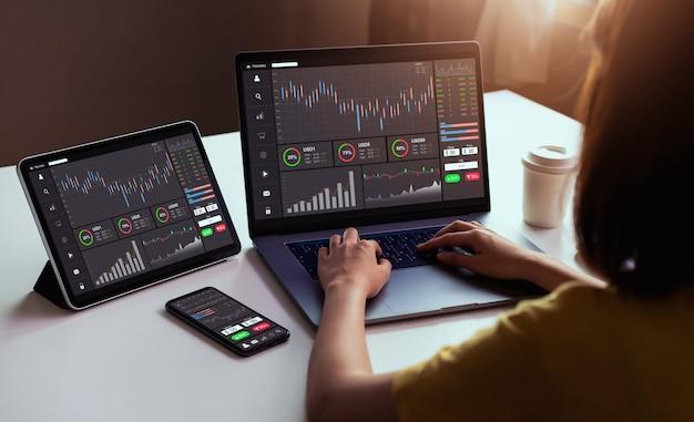 A woman analyzing financial charts on electronic devices