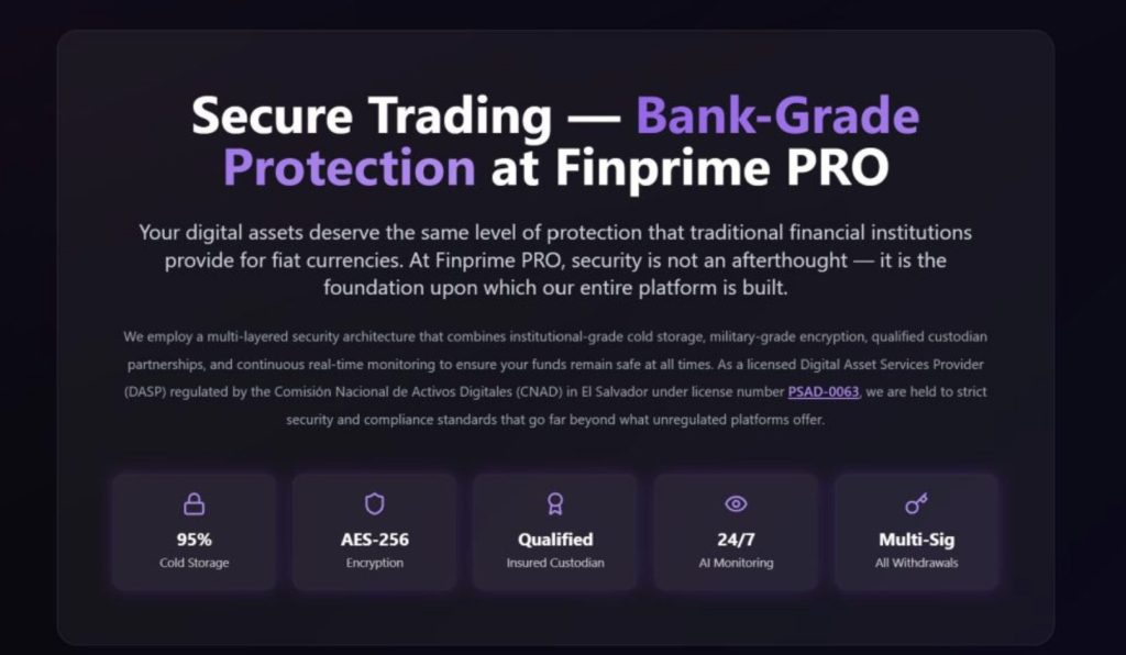 Section highlighting Finprime PRO security infrastructure including cold storage, AES-256 encryption, and multi-signature withdrawals
