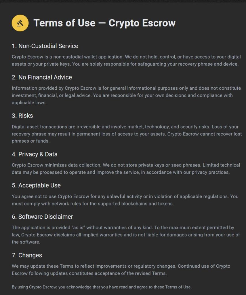 Crypto Escrow terms of use highlighting non-custodial service risks and user responsibility
