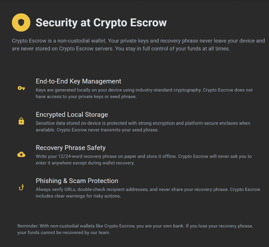 Crypto Escrow security features including key management, encryption, and recovery phrase protection