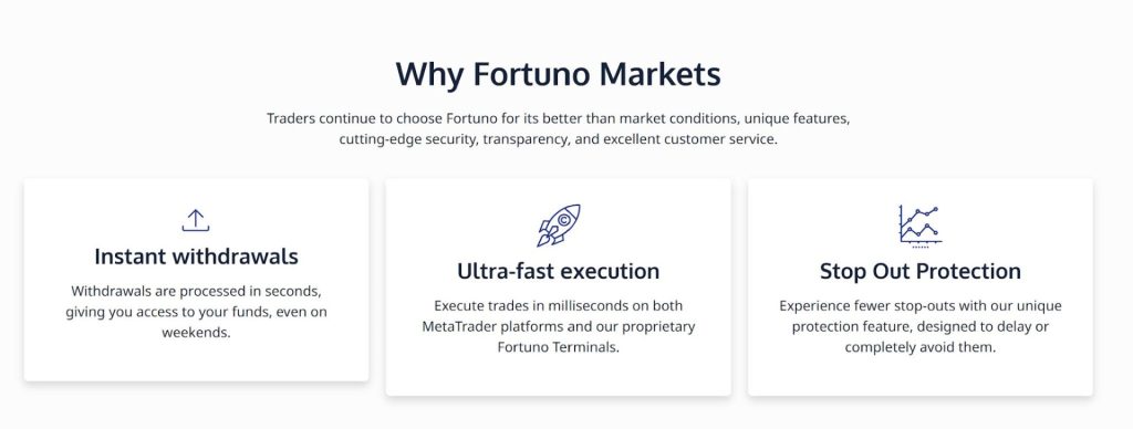 Fortuno Markets key features including withdrawals, execution speed, and protection