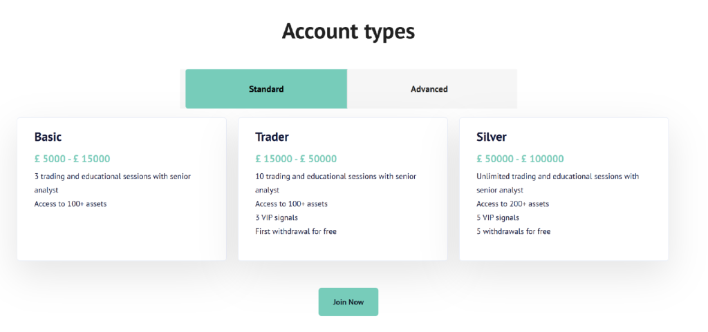 Smart-isa account types showing Basic, Trader, and Silver account features